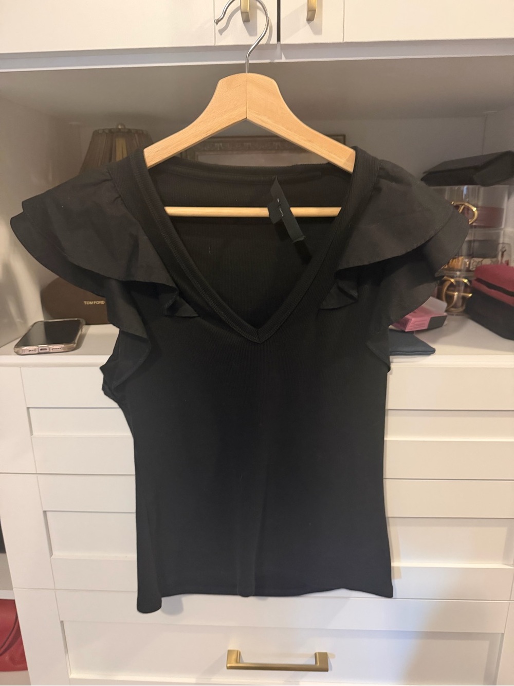 Veronica Beard Cathie Black Ruffle Sleeve V-Neck Top - Picture 3 of 6